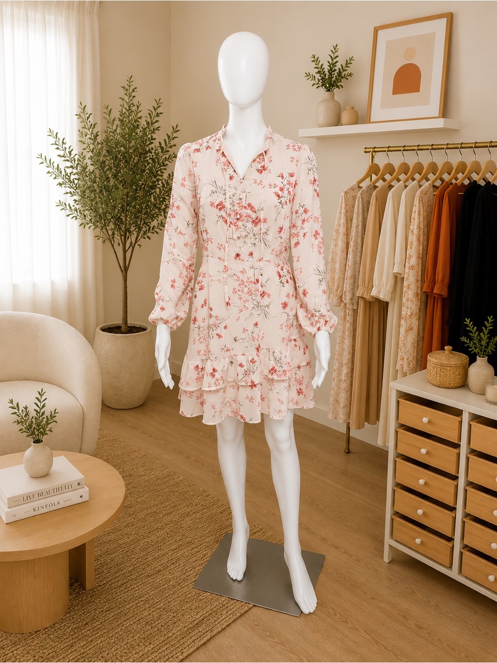 Allegra K Pink Floral Long Sleeve Ruffle Tier Dress